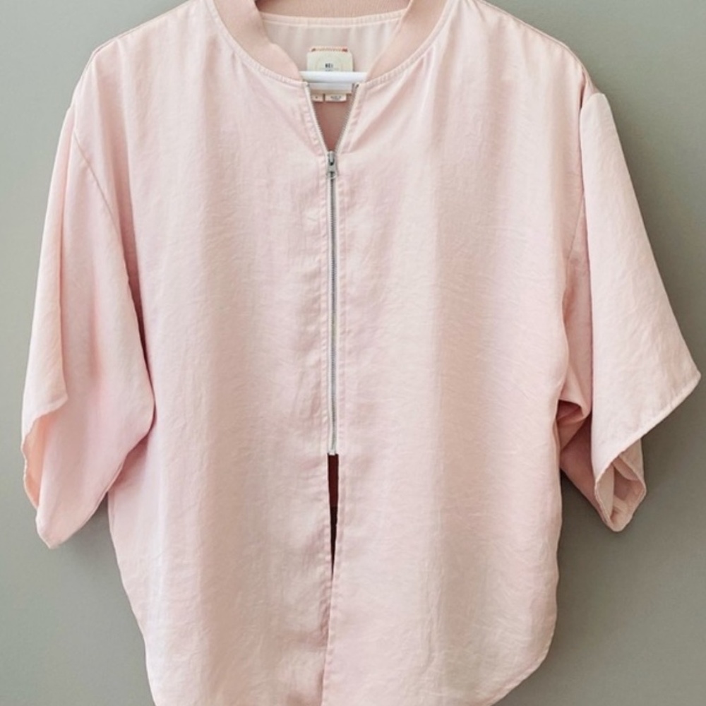 🌸 Anthropologie Hei Hei Pink Zip‑Front Bomber Jacket — Size Large